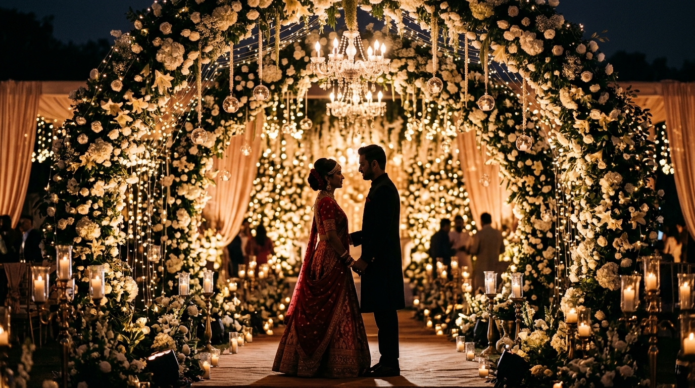 Raiyan and Mim romantic wedding ceremony backdrop with golden lights