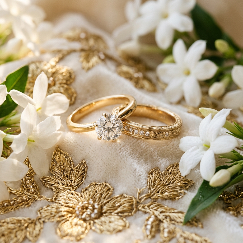 Intimate wedding rings and floral heirloom detail